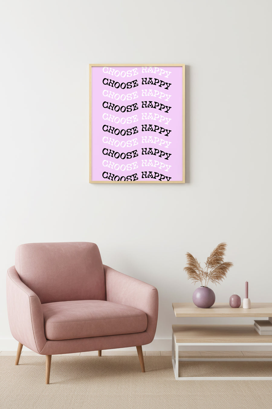 Doğal Ahşap Çerçeveli Retro Tablo - Choose Happy Yazılı Minimalist Duvar Sanatı | huhu2827