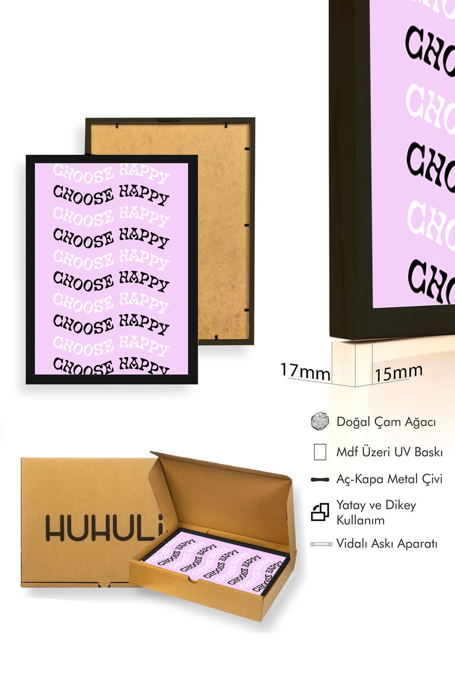 Doğal Ahşap Çerçeveli Retro Tablo - Choose Happy Yazılı Minimalist Duvar Sanatı | huhu2827
