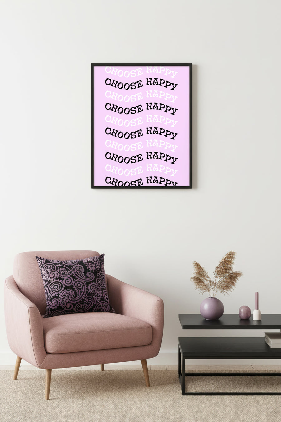 Doğal Ahşap Çerçeveli Retro Tablo - Choose Happy Yazılı Minimalist Duvar Sanatı | huhu2827