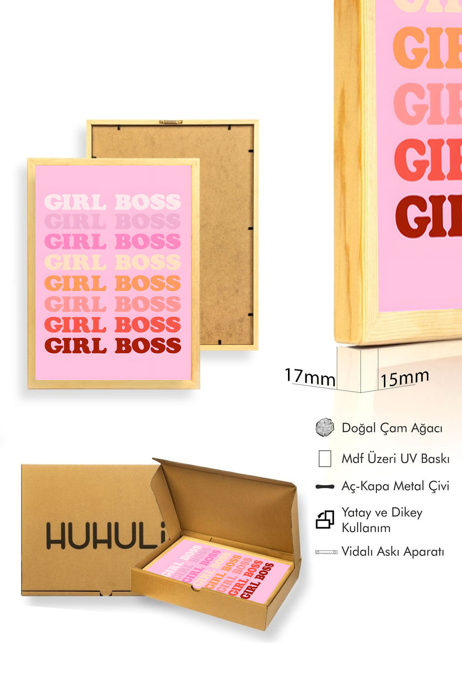 Doğal Ahşap Çerçeveli Retro Pop Art Tablo - Girl Boss Sloganı Yazı | huhu2830