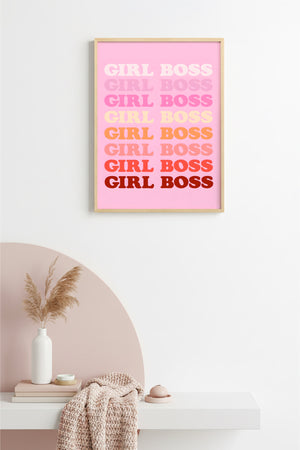 Doğal Ahşap Çerçeveli Retro Pop Art Tablo - Girl Boss Sloganı Yazı | huhu2830