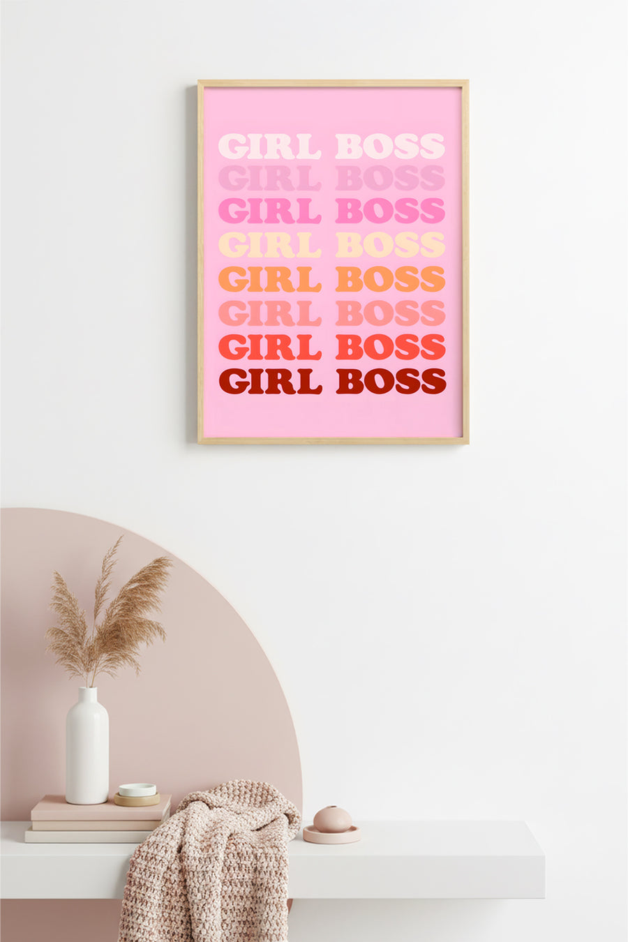 Doğal Ahşap Çerçeveli Retro Pop Art Tablo - Girl Boss Sloganı Yazı | huhu2830