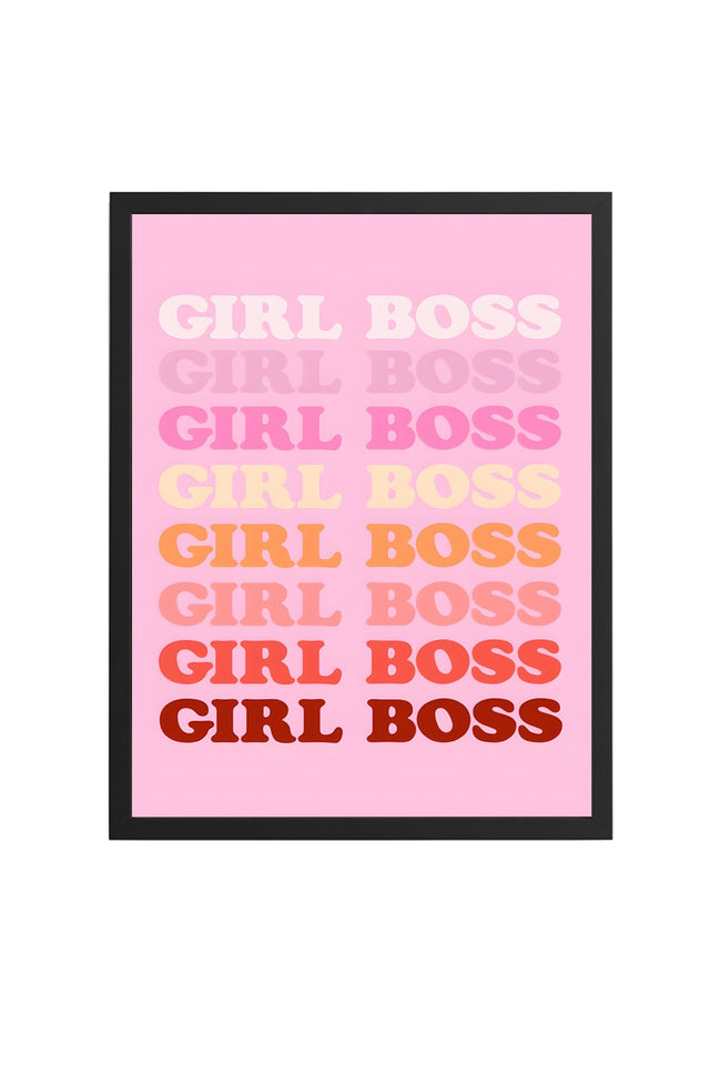 Doğal Ahşap Çerçeveli Retro Pop Art Tablo - Girl Boss Sloganı Yazı | huhu2830