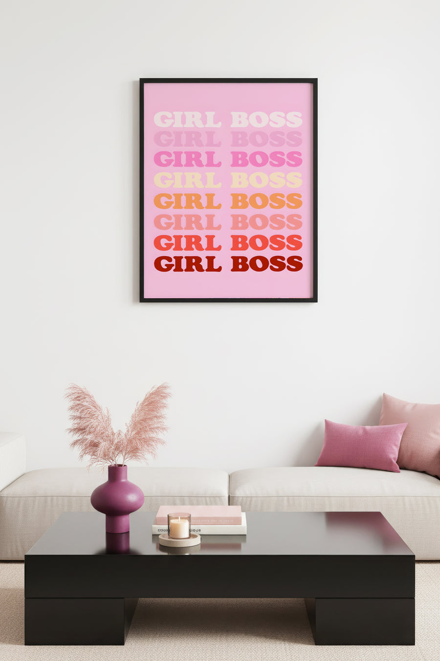 Doğal Ahşap Çerçeveli Retro Pop Art Tablo - Girl Boss Sloganı Yazı | huhu2830