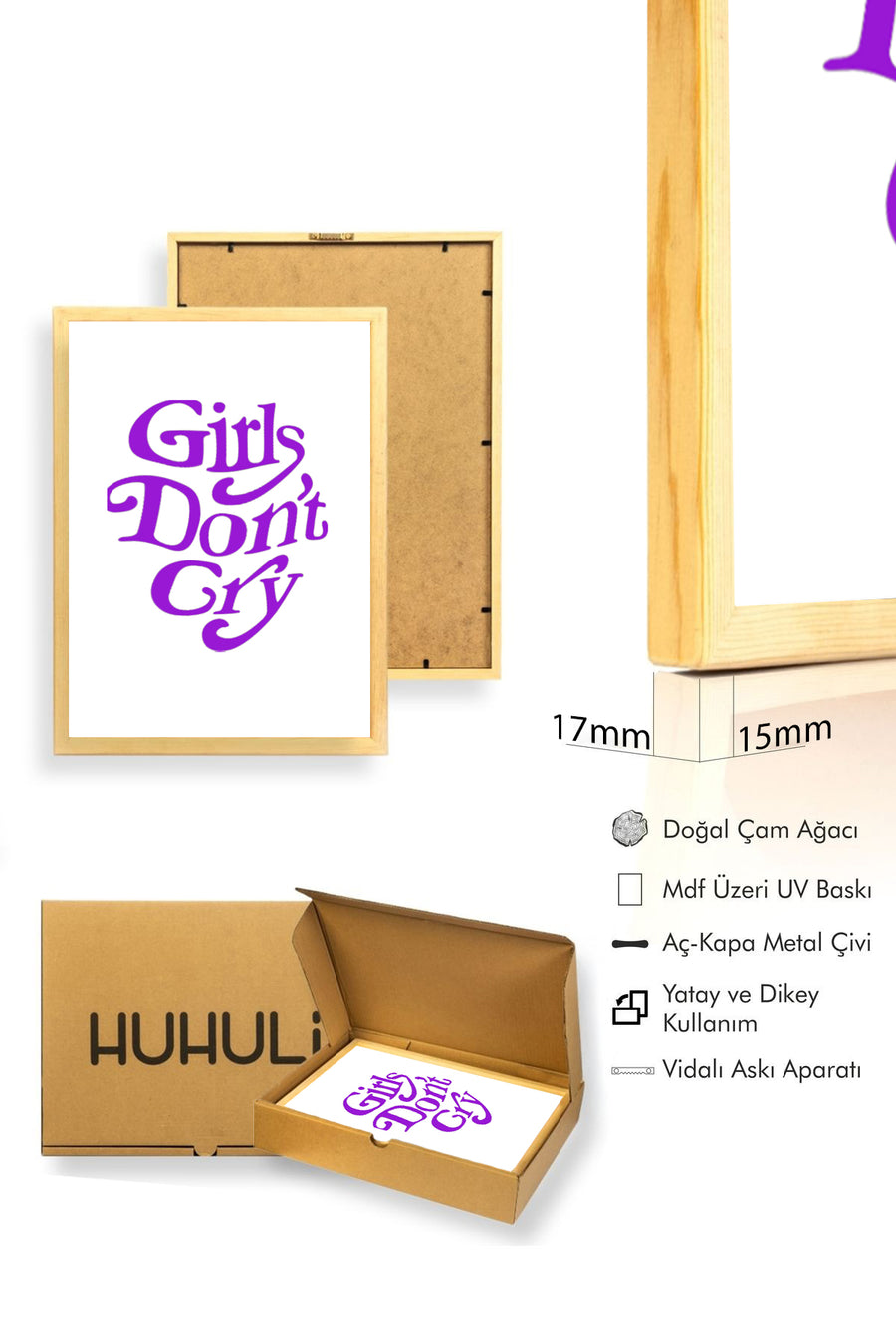 Doğal Ahşap Çerçeveli Retro Pop Art Tablo - Girls Don't Cry Mor | huhu2831
