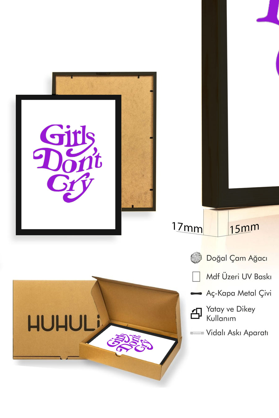 Doğal Ahşap Çerçeveli Retro Pop Art Tablo - Girls Don't Cry Mor | huhu2831