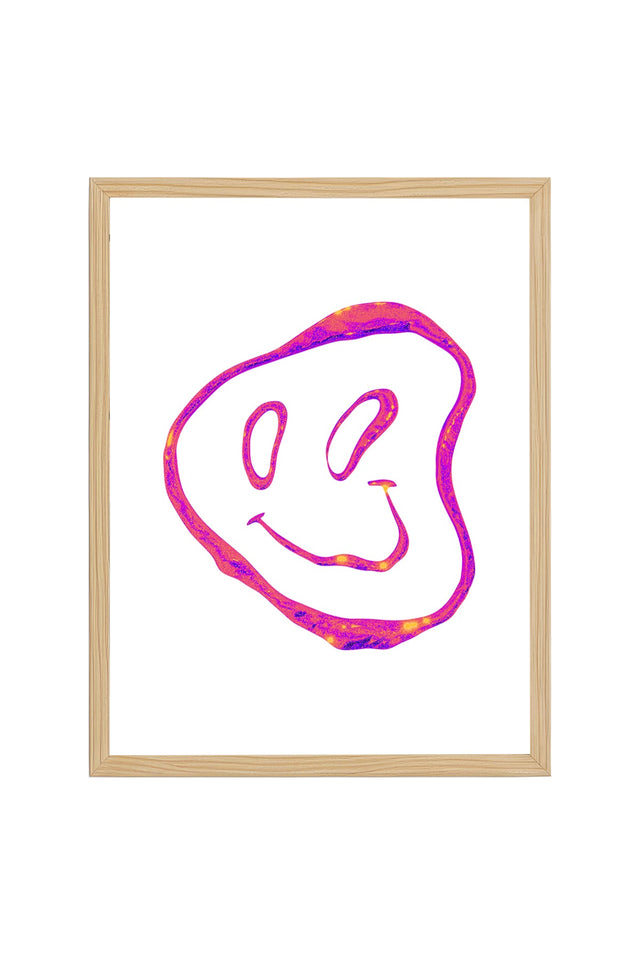 Doğal Ahşap Çerçeveli Retro Smiley Yüz Tablo - Pop Art Desenli | huhu2833