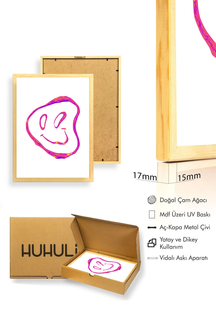 Doğal Ahşap Çerçeveli Retro Smiley Yüz Tablo - Pop Art Desenli | huhu2833