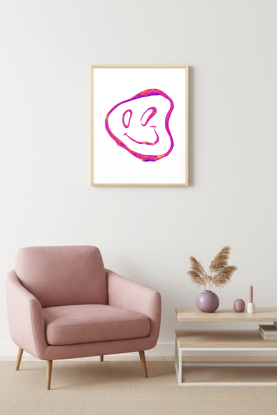 Doğal Ahşap Çerçeveli Retro Smiley Yüz Tablo - Pop Art Desenli | huhu2833