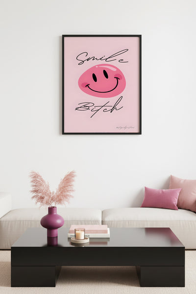 Doğal Ahşap Çerçeveli Retro Smiley Yüz Tablo - Pop Art Desenli | huhu2833