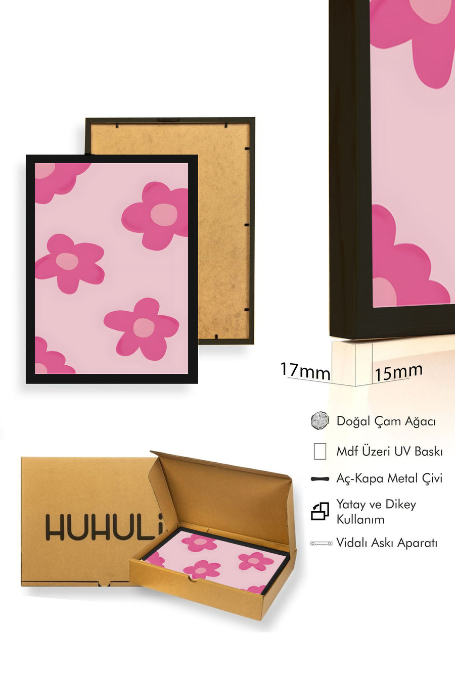 Doğal Ahşap Çerçeveli Retro Çiçek Tablo - Pastel Pembe Desen | huhu2834
