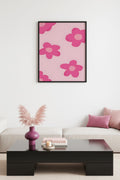 Doğal Ahşap Çerçeveli Retro Çiçek Tablo - Pastel Pembe Desen | huhu2834