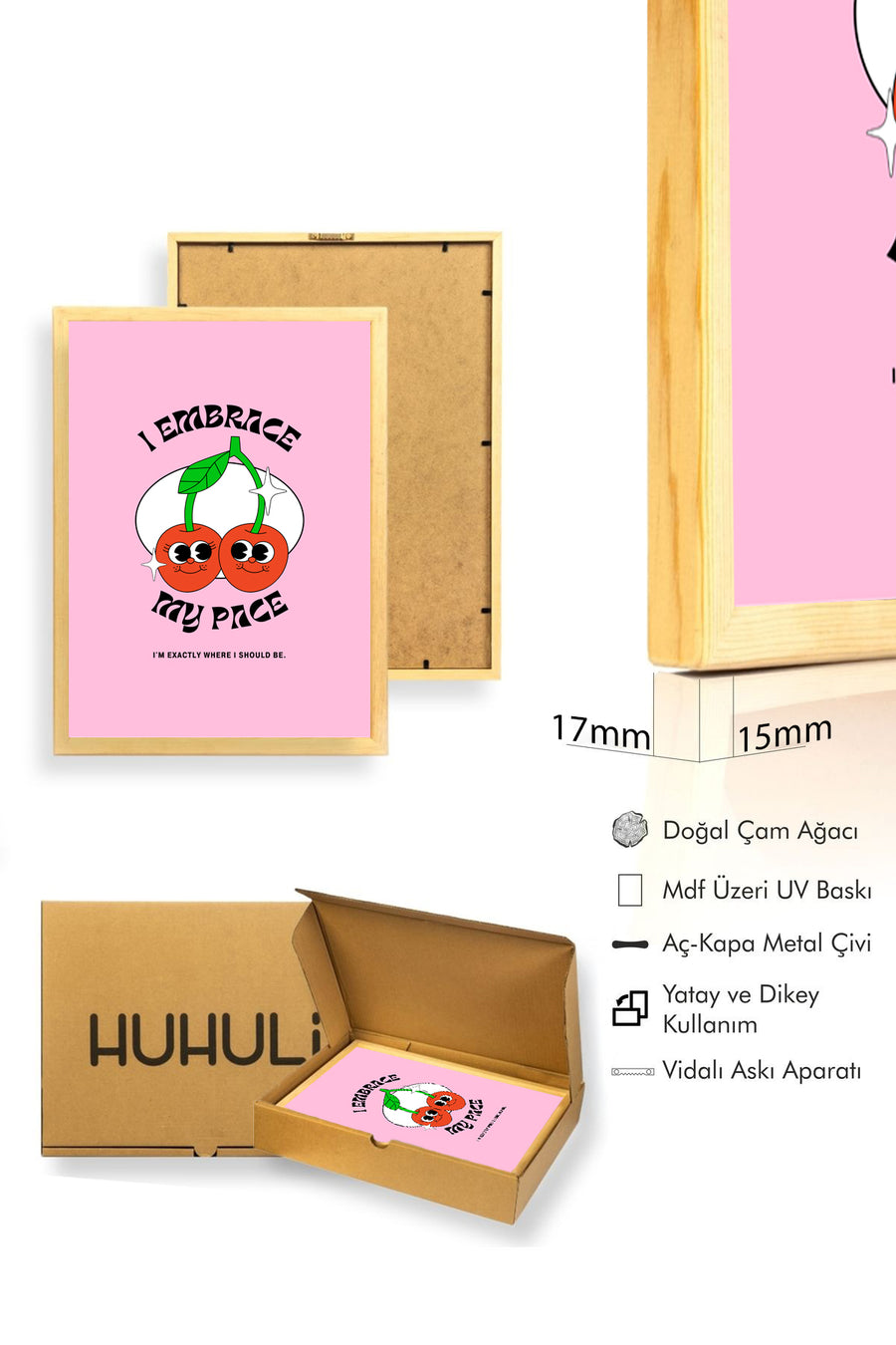 Doğal Ahşap Çerçeveli Pop Art Kiraz Tablo - Retro Desen | huhu2835