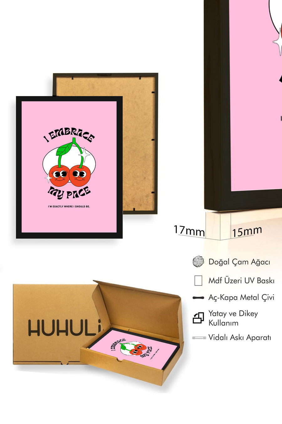 Doğal Ahşap Çerçeveli Pop Art Kiraz Tablo - Retro Desen | huhu2835