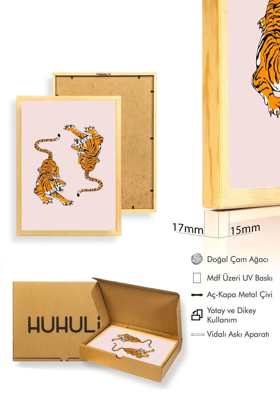 Doğal Ahşap Çerçeveli Retro Kaplan Tablo - Canlı Hayvanlar Çizimi | huhu2839