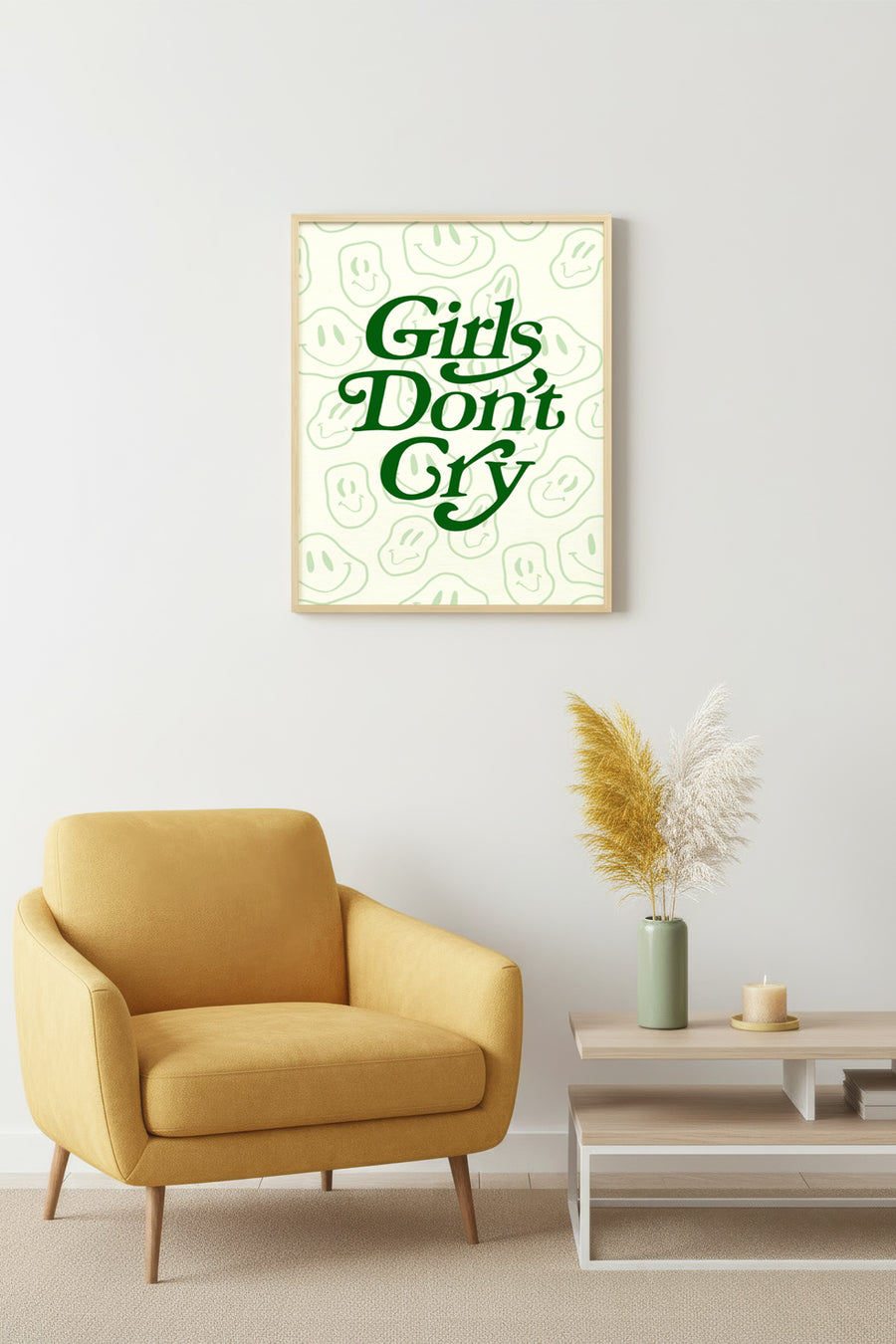 Doğal Ahşap Çerçeveli Retro Tipografi Tablo - Girls Don't Cry Yazılı Yeşil Dekoratif Kanvas | huhu2840
