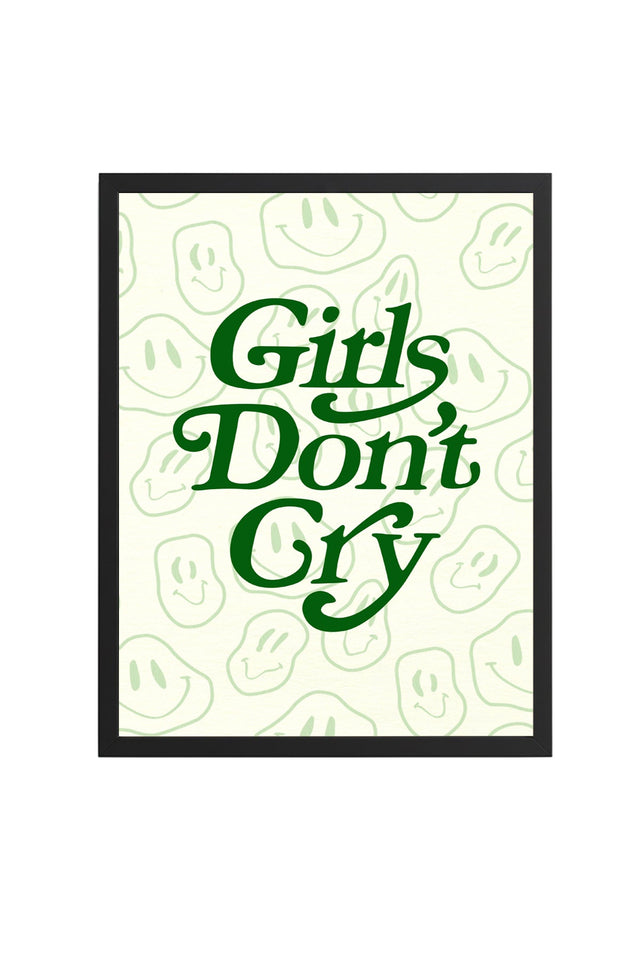 Doğal Ahşap Çerçeveli Retro Tipografi Tablo - Girls Don't Cry Yazılı Yeşil Dekoratif Kanvas | huhu2840