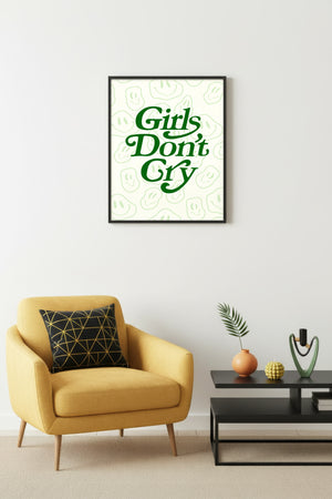 Doğal Ahşap Çerçeveli Retro Tipografi Tablo - Girls Don't Cry Yazılı Yeşil Dekoratif Kanvas | huhu2840