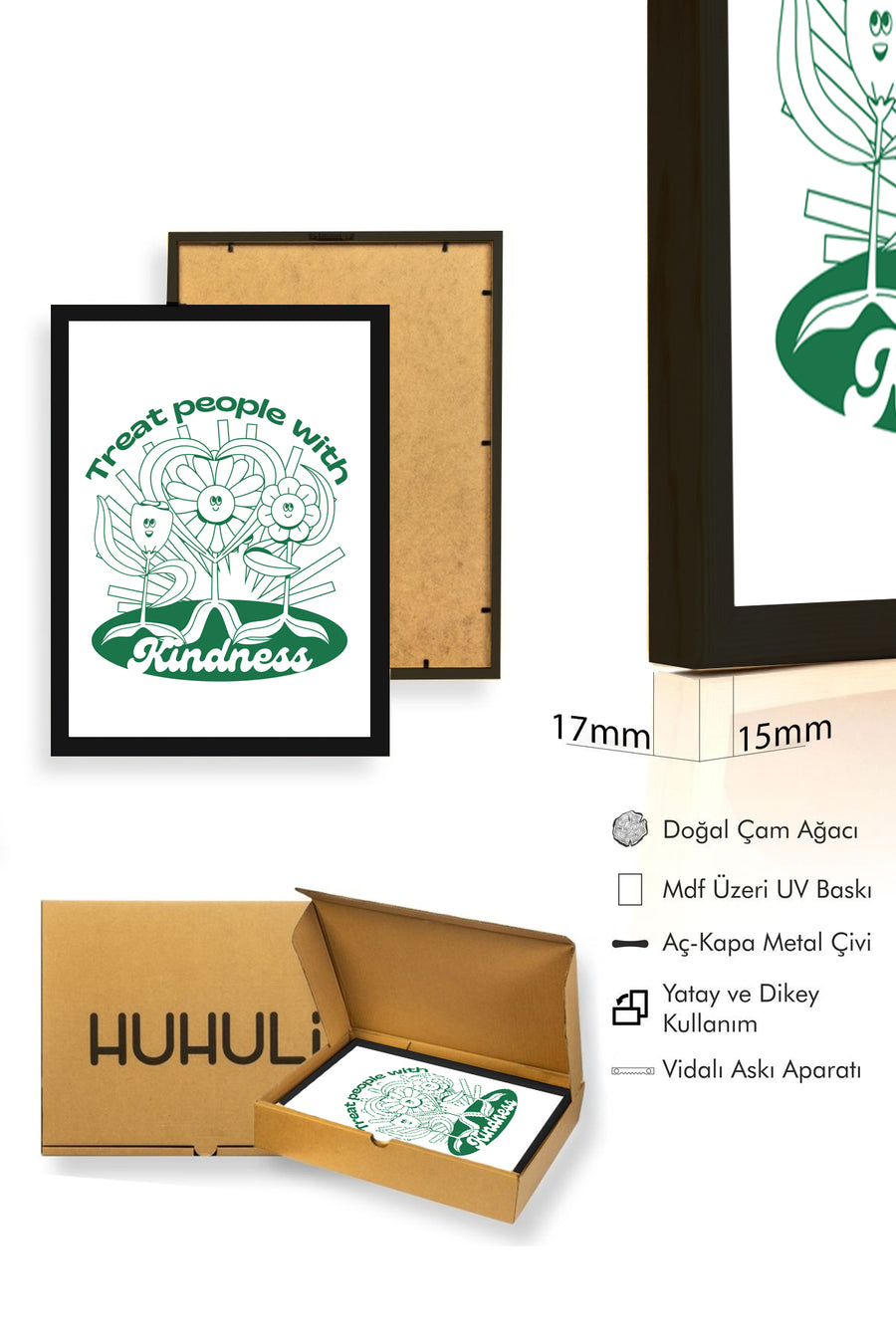 Doğal Ahşap Çerçeveli Retro Çiçekli Tablo - Pozitif Nezaket Teması | huhu2841