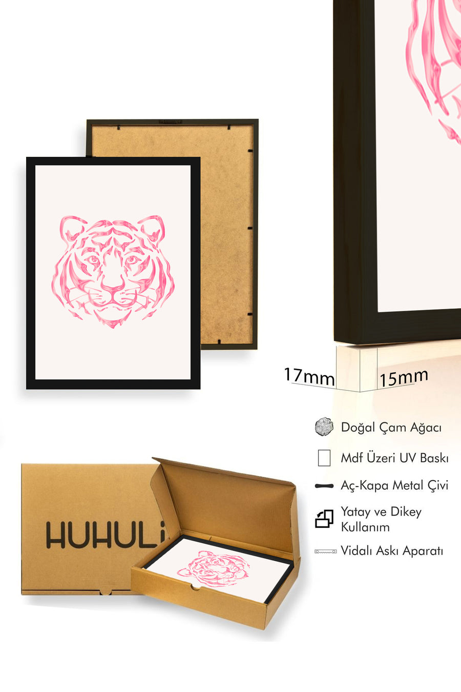 Doğal Ahşap Çerçeveli Retro Kaplan Tablo - Tribal Pembe Tonlar | huhu2843