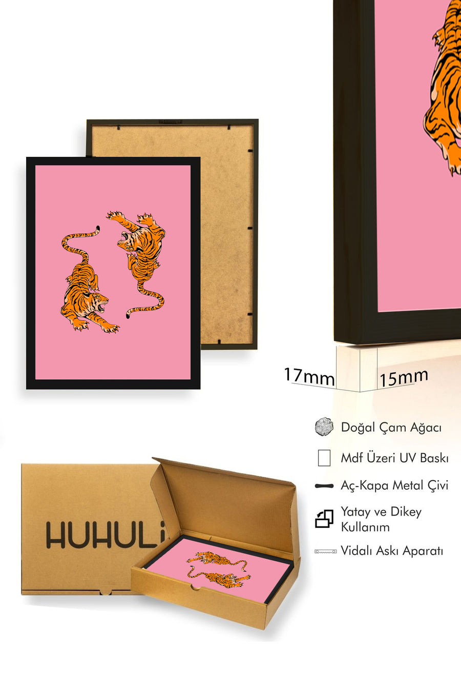 Doğal Ahşap Çerçeveli Retro Kaplan Tablo - Canlı Orman Hayvanları | huhu2845