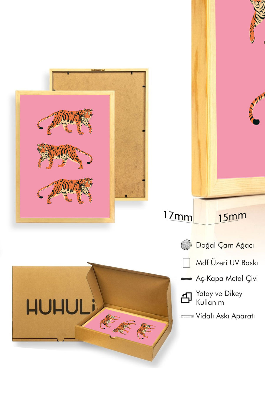 Doğal Ahşap Çerçeveli Tiger Desenli Tablo - Safari Hayvanları | huhu2846