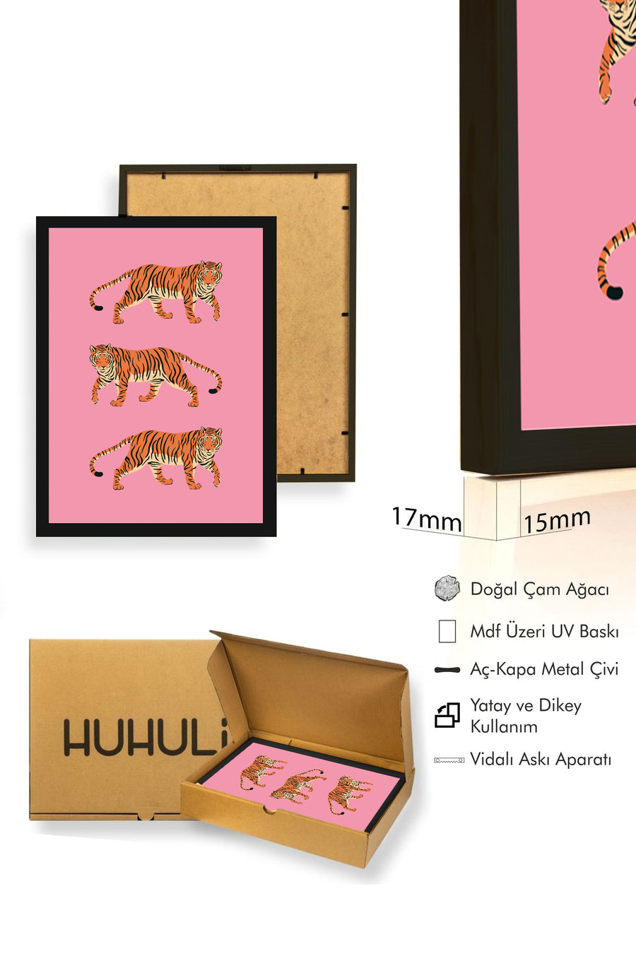 Doğal Ahşap Çerçeveli Tiger Desenli Tablo - Safari Hayvanları | huhu2846