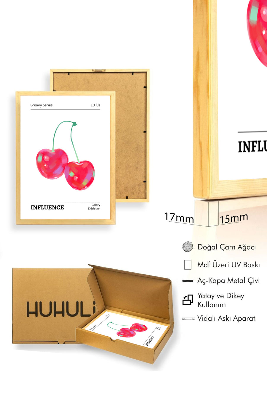 Doğal Ahşap Çerçeveli Retro Pop Art Tablo - Canlı Çilek Desenli | huhu2847