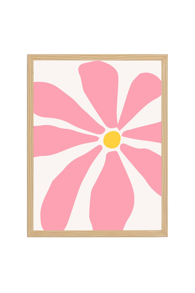 Doğal Ahşap Çerçeveli Retro Floral Tablo - Pembe Çiçek Desenli | huhu2849