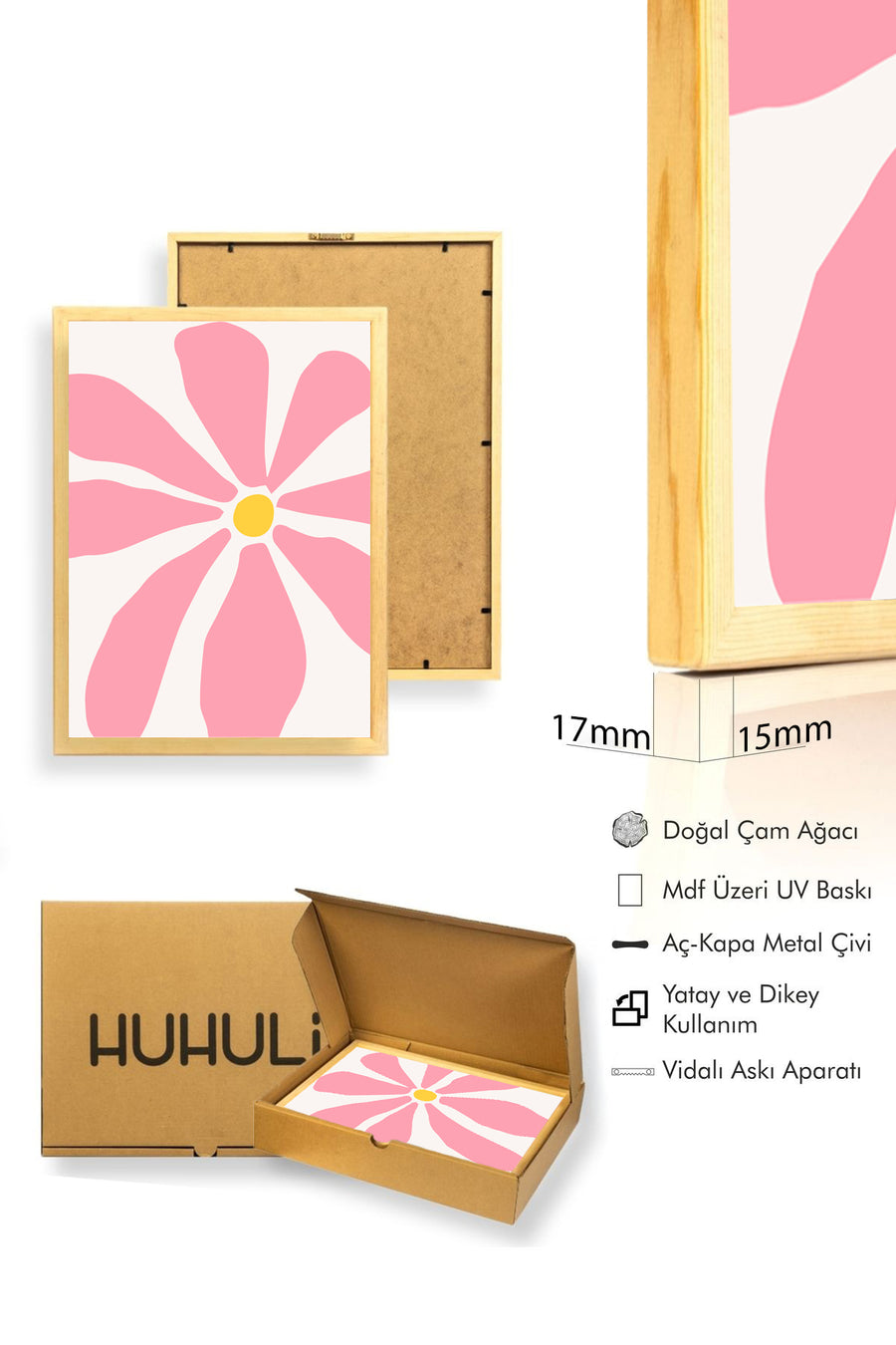 Doğal Ahşap Çerçeveli Retro Floral Tablo - Pembe Çiçek Desenli | huhu2849