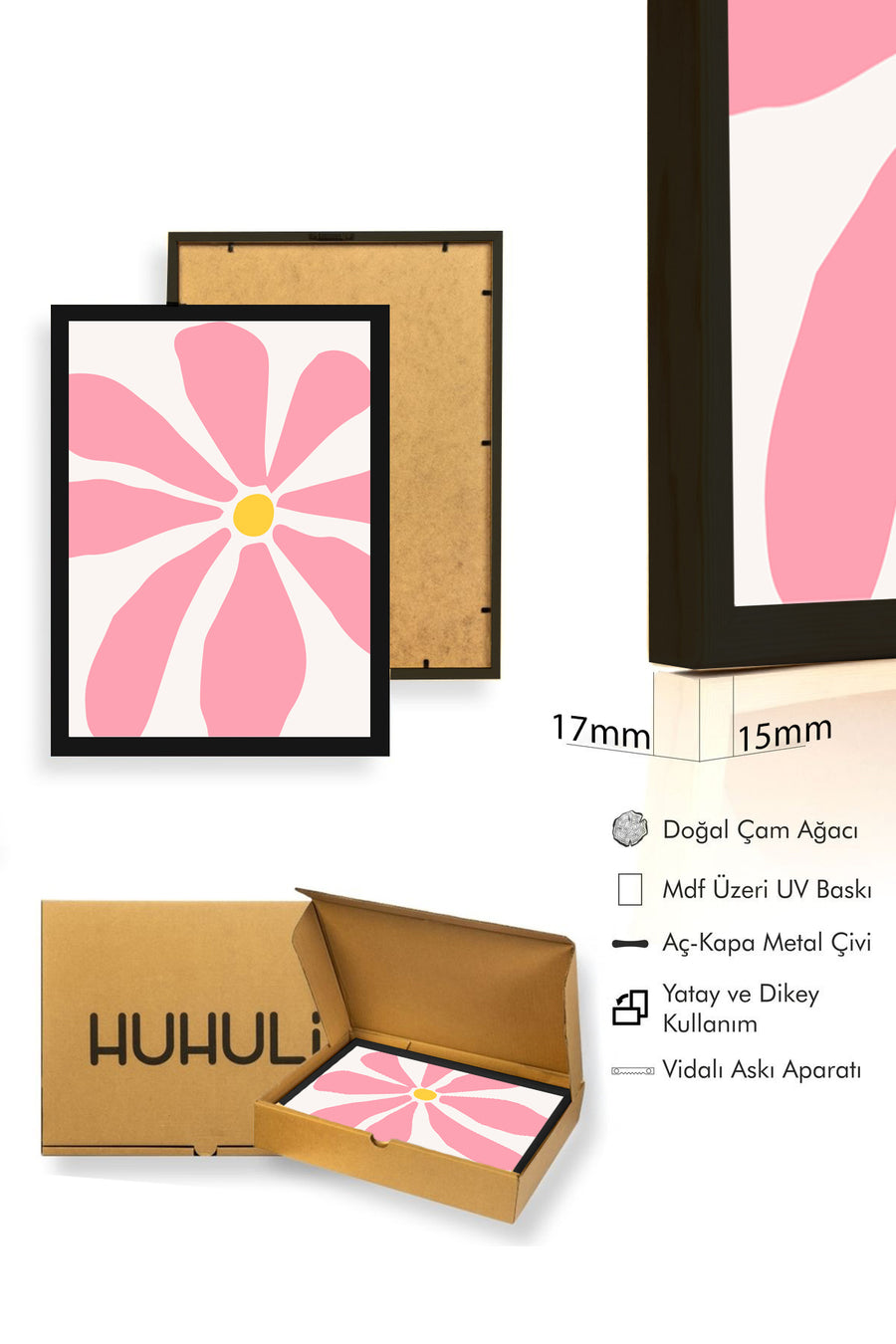 Doğal Ahşap Çerçeveli Retro Floral Tablo - Pembe Çiçek Desenli | huhu2849