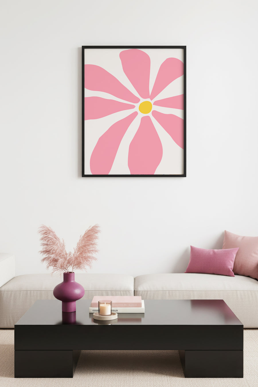 Doğal Ahşap Çerçeveli Retro Floral Tablo - Pembe Çiçek Desenli | huhu2849