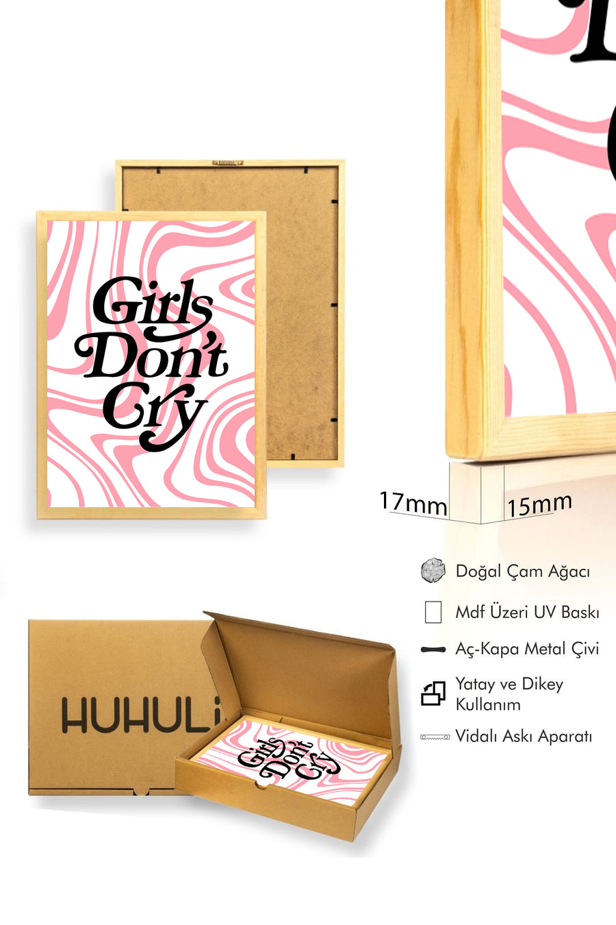Doğal Ahşap Çerçeveli Retro Tablo - Girls Don't Cry Yazılı Pop Art | huhu2850