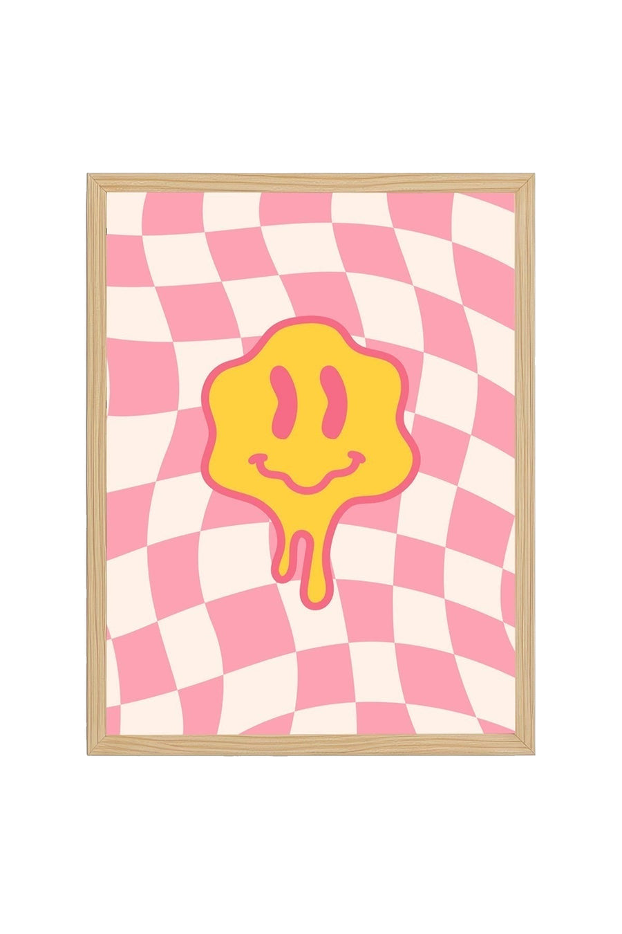 Doğal Ahşap Çerçeveli Retro Tablo - Pop Art Smiley Yüz Deseni | huhu2851