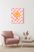 Doğal Ahşap Çerçeveli Retro Tablo - Pop Art Smiley Yüz Deseni | huhu2851