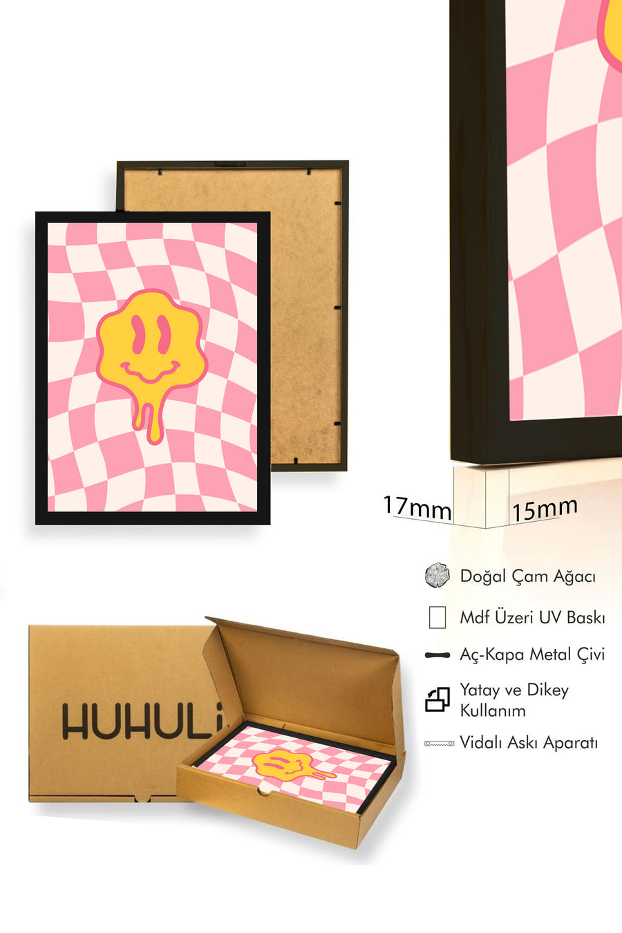 Doğal Ahşap Çerçeveli Retro Tablo - Pop Art Smiley Yüz Deseni | huhu2851