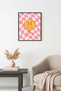 Doğal Ahşap Çerçeveli Retro Tablo - Pop Art Smiley Yüz Deseni | huhu2851