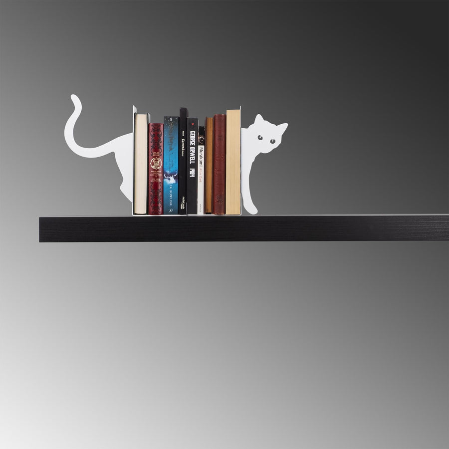 Kedi Motifli Metal Kitap Tutucu - Beyaz