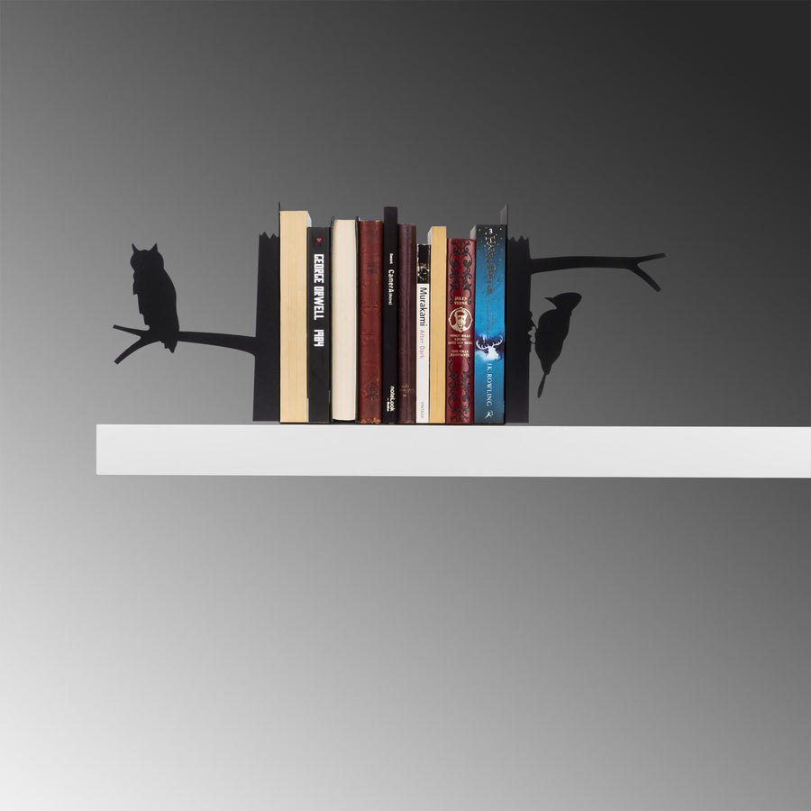 Baykus Dal Motifli Metal Kitap Tutucu - Siyah