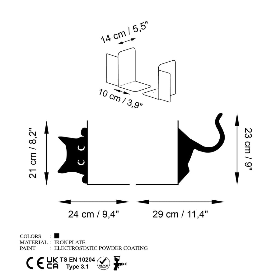 Uzanan Kedi Metal Kitap Tutucu - Siyah