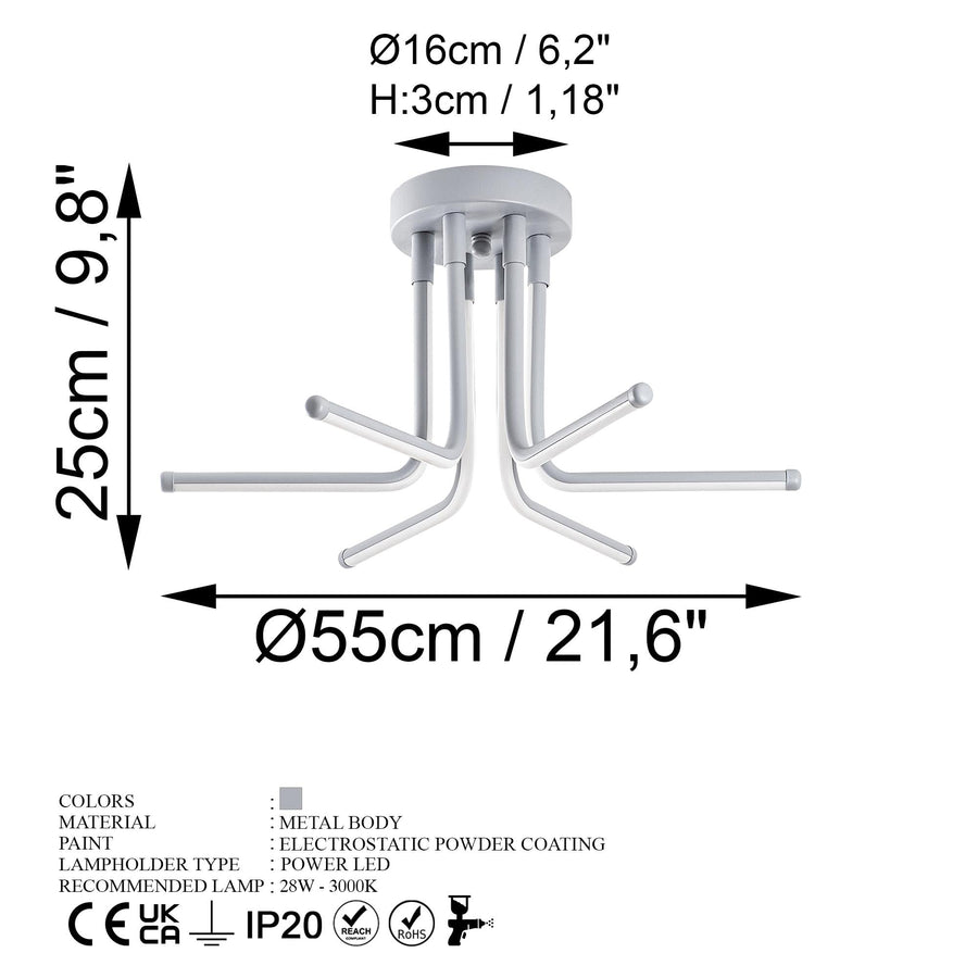Gri Altı Kollu LED Plafonyer - Gri