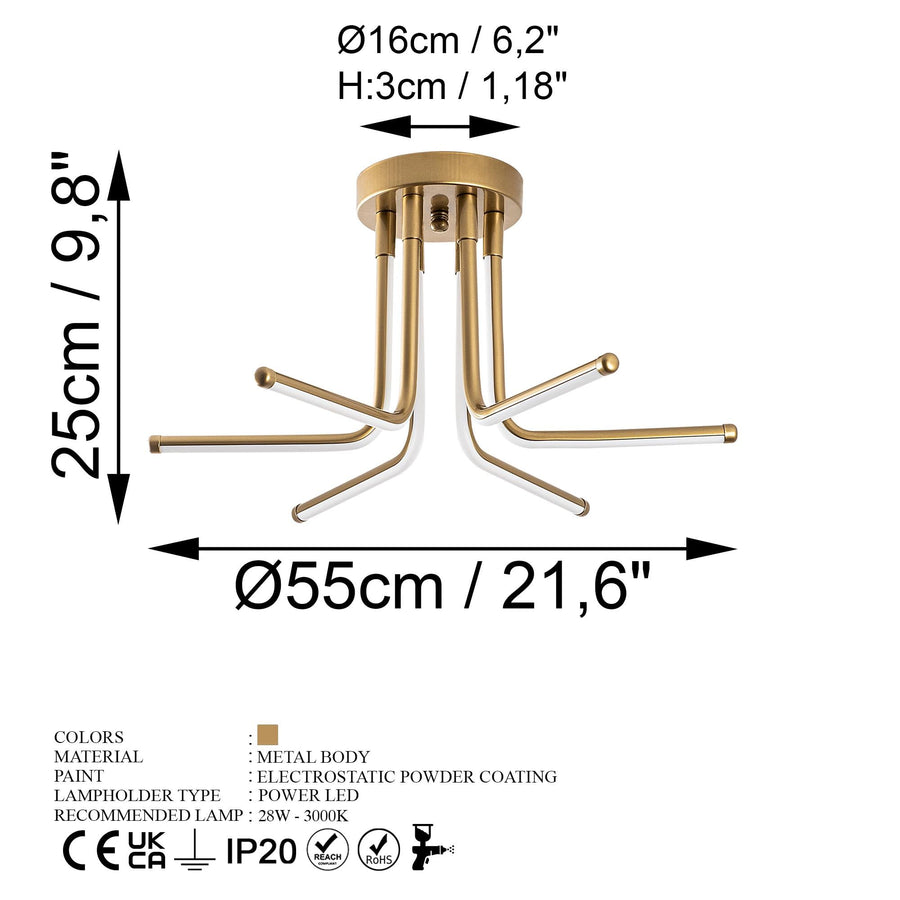 Çubuk Modern Metal Plafonyer - Altın