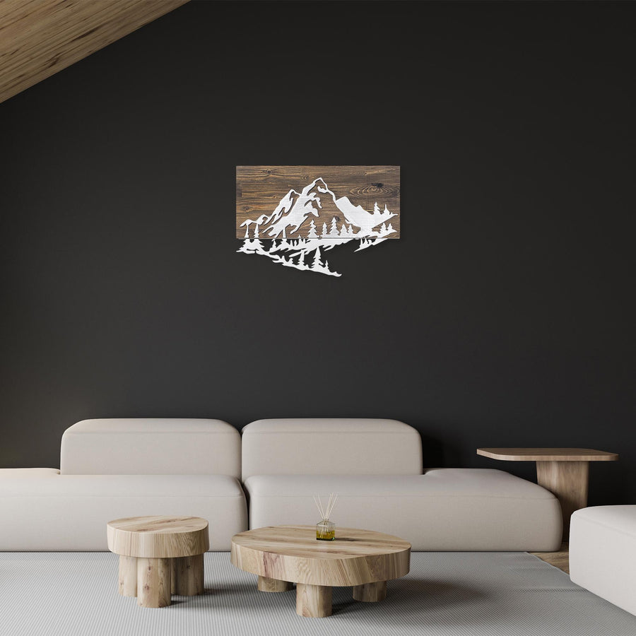 Dağ Orman Manzarası Metal Ahşap Duvar Panosu - Beyaz