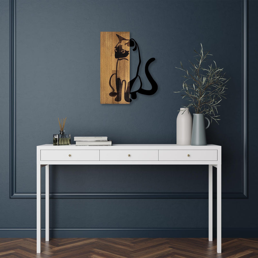 Kedi Silüeti Ahşap Metal Duvar Panosu - Kahve