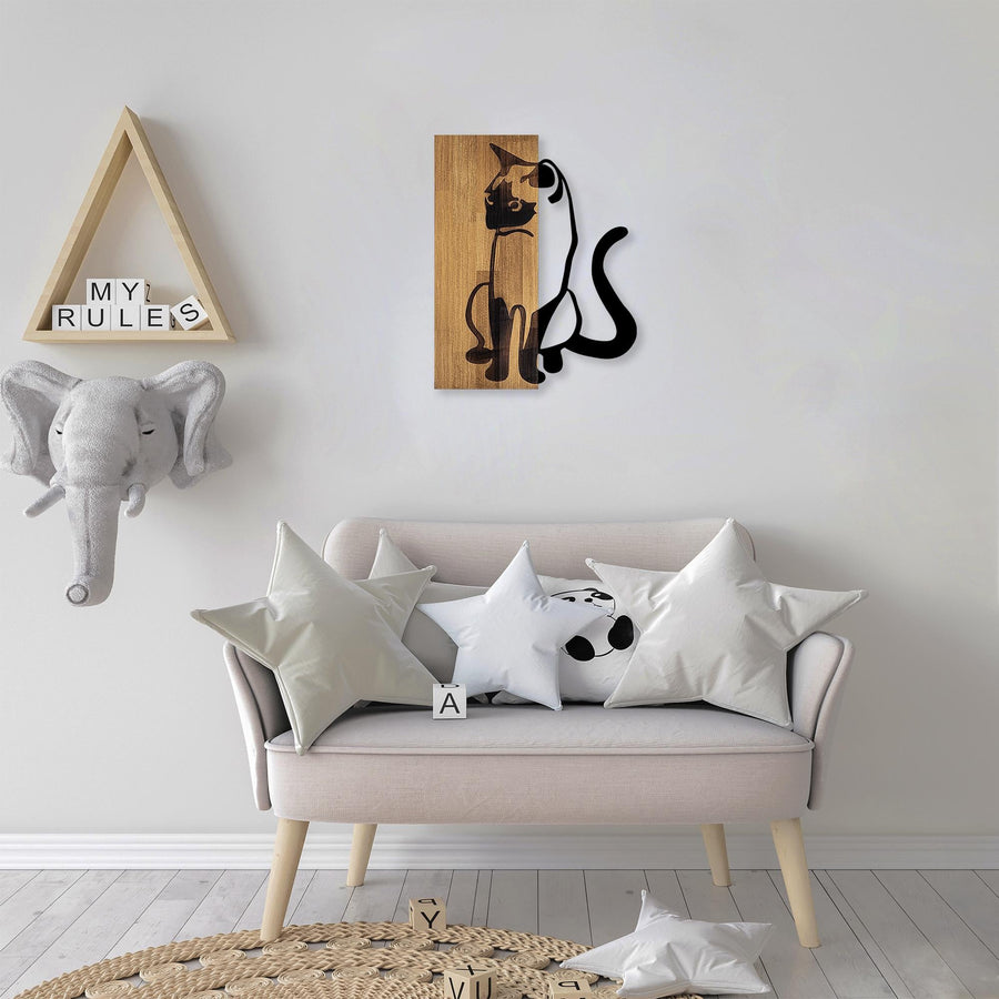 Kedi Silüeti Ahşap Metal Duvar Panosu - Kahve
