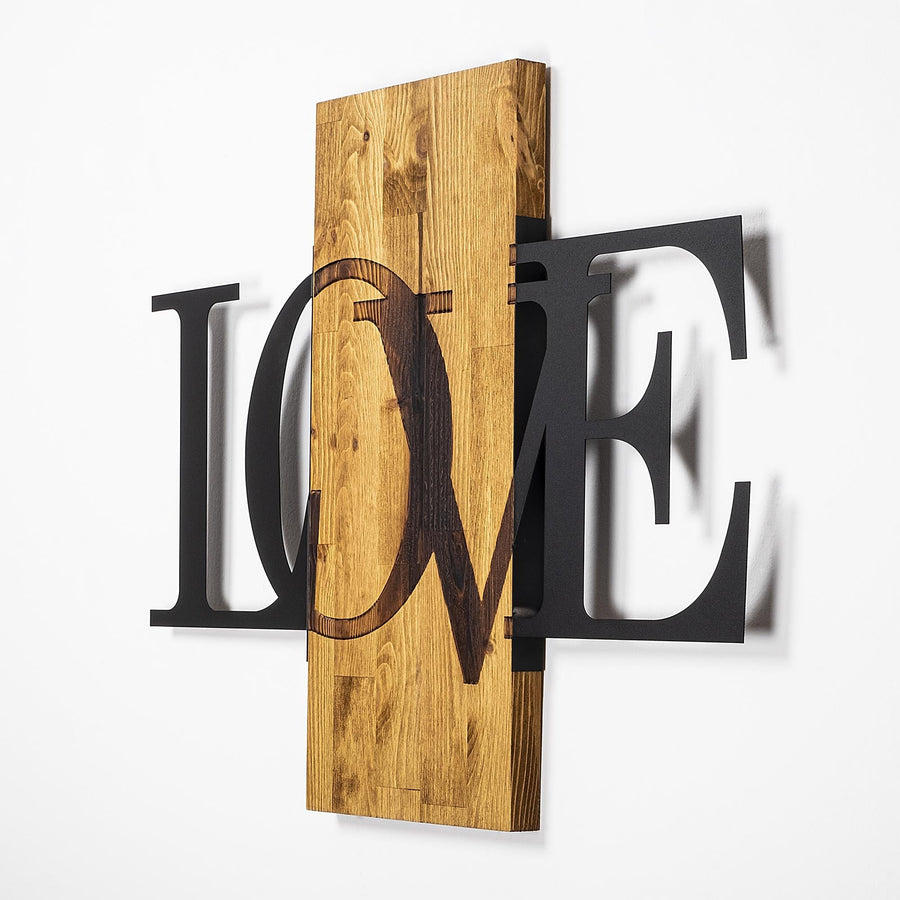 Love Yazısı Modern Metal Ahşap Duvar Panosu - Ahşap Siyah