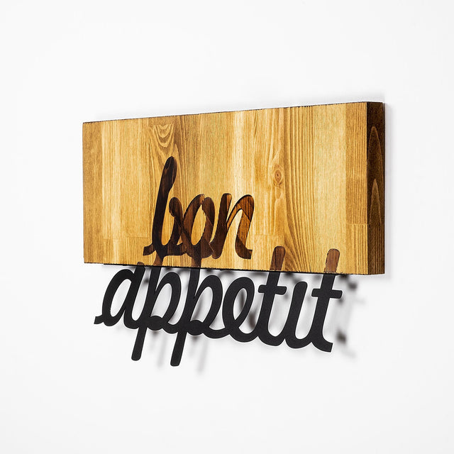 Bon Appétit Yazılı Ahşap Metal Duvar Panosu - Ahşap