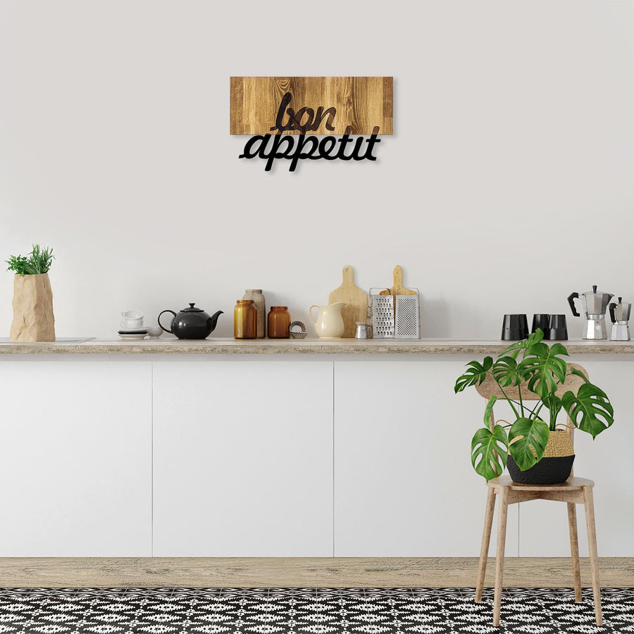 Bon Appétit Yazılı Ahşap Metal Duvar Panosu - Ahşap