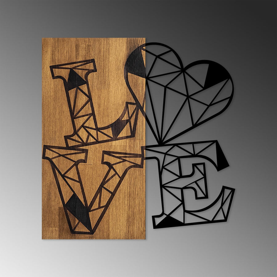 Love Geometrik Metal Ahşap Duvar Panosu - Ahşap