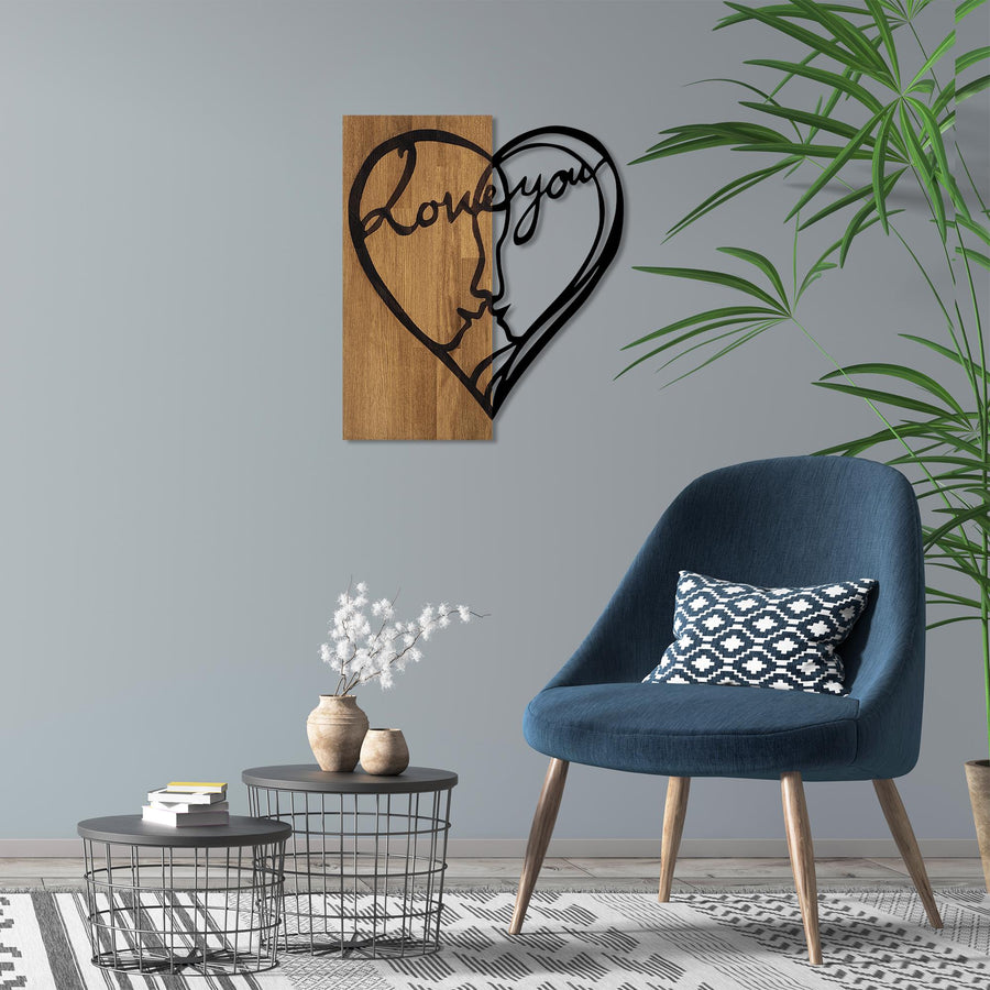 Love You Yüz Metal Ahşap Duvar Panosu - Siyah